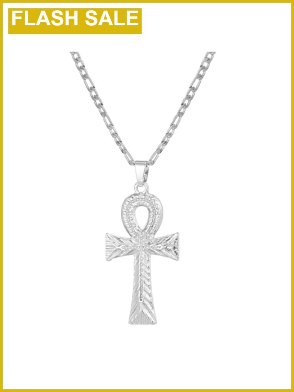 14K White Gold Plated Ankh Cross Pendant Necklace with Flat Figaro Chain